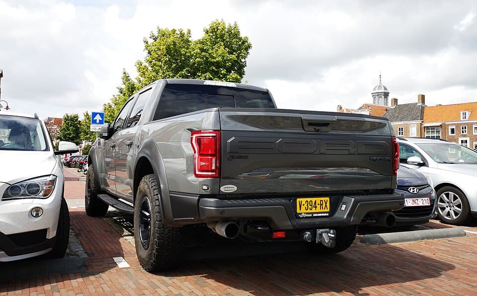 Grey 2018 Raptor from the rear in Amersfoort, showing the tailgate, dual exhaust tips and the rear bumper cutouts.
