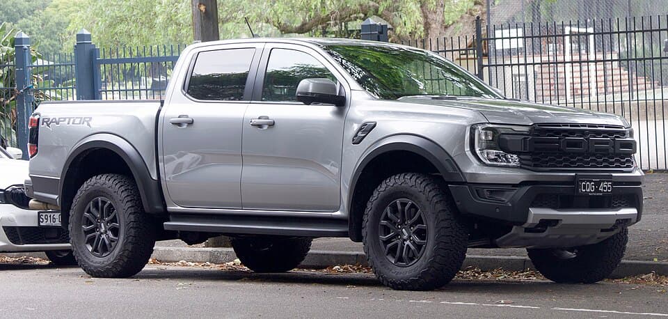 Silver 2023 Ranger Raptor parked in Darlinghurst, New South Wales, front three-quarter kerbside.