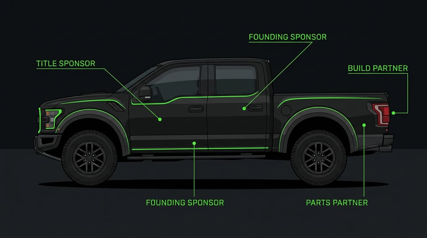Labeled side-profile diagram of the sponsor truck showing hood, doors, bed, and rocker panel placements