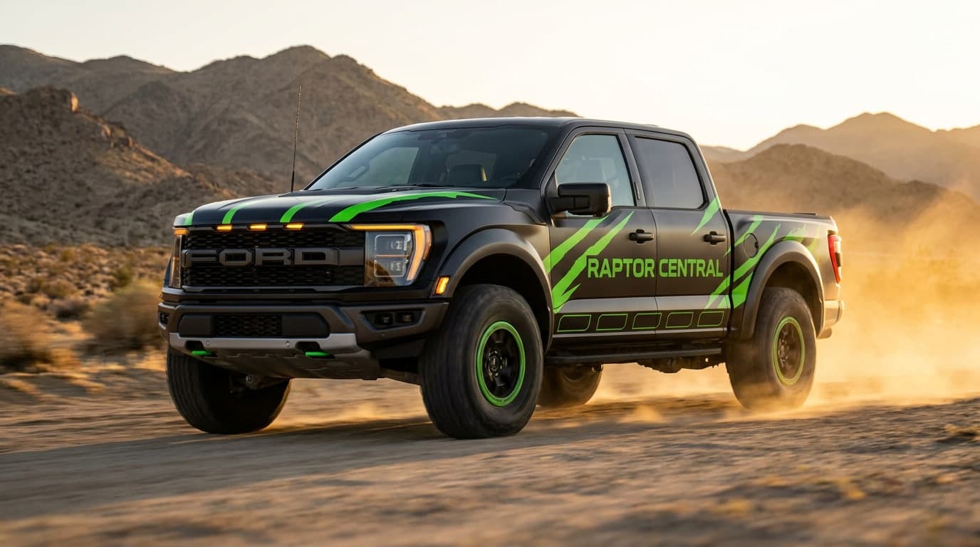 Concept render of the RaptorCentral sponsor truck, front three-quarter view, livery panels shown blank