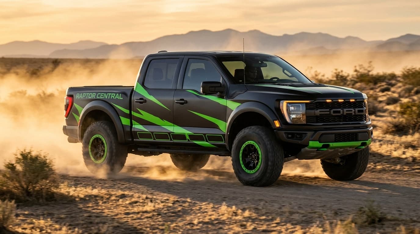 Concept render of the RaptorCentral sponsor truck, rear three-quarter view